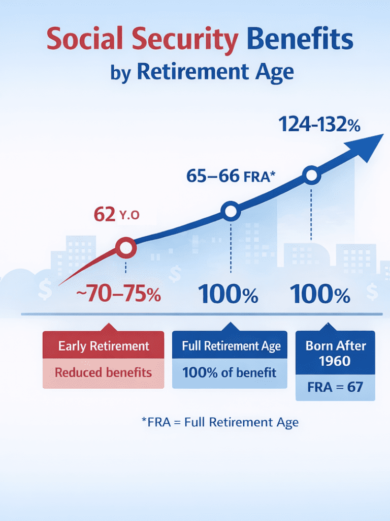 Graph shows how Social Security benefits depends on age (FRA)