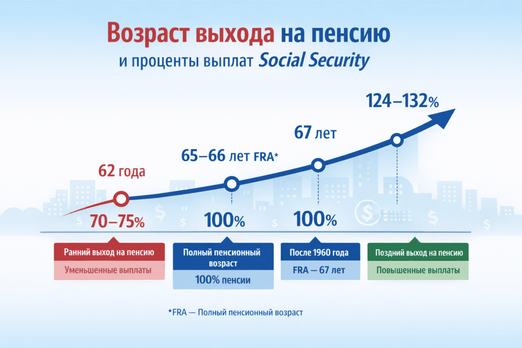 выплаты Social Secutity пенсии в зависимости от возраста выхода на пенсию